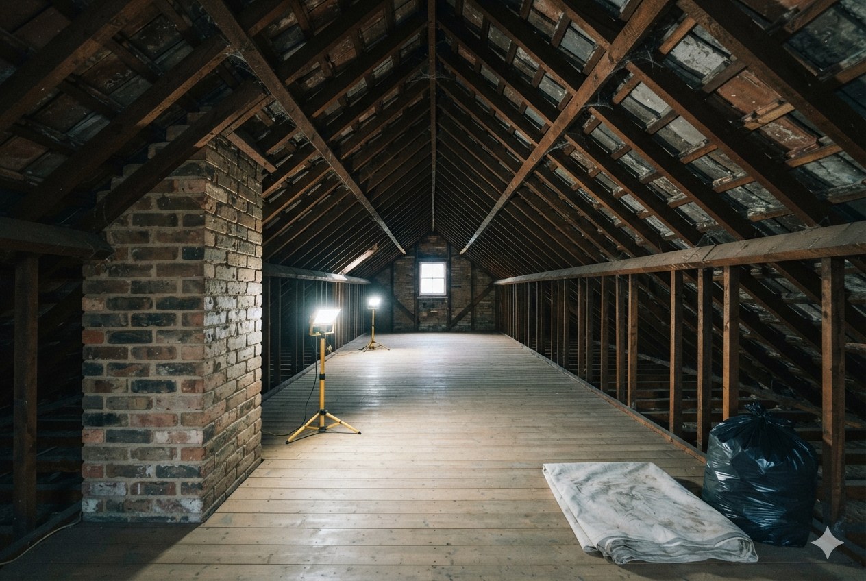 A roof space cleared back to bare timber.